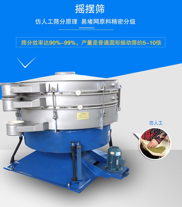 搖擺篩適合精細(xì)和超細(xì)范圍的粉末和微粒狀物料，產(chǎn)量大、精度高